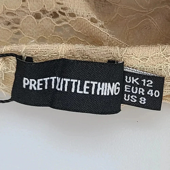 PrettyLittleThing Stone Shape Lace Mesh Stripe Midi Dress Tan Beige Bodycon 8 - Picture 8 of 15